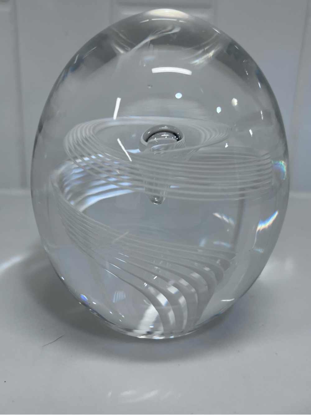 Signed Steuben Crystal Art Glass Paperweight White Spiral Ribbon Sculpture
